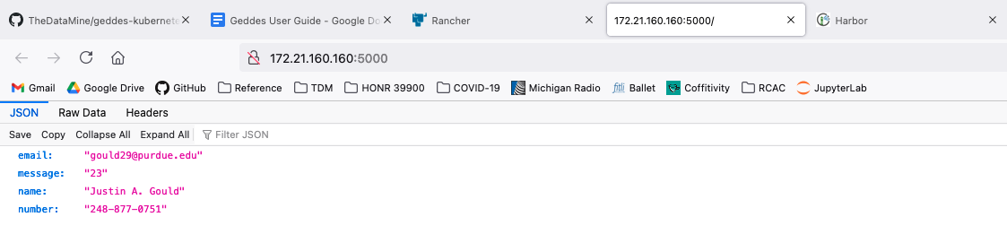 Clicking the IP address now shows the same JSON configuration that we saw locally.